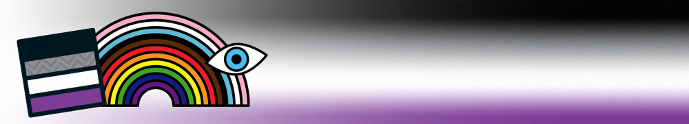 A gradient image in Asexual flag colours: Black, grey, white and purple. Manchester Pride's branded Asexual Flag, Rainbow and Eye icons are on the left of the image.