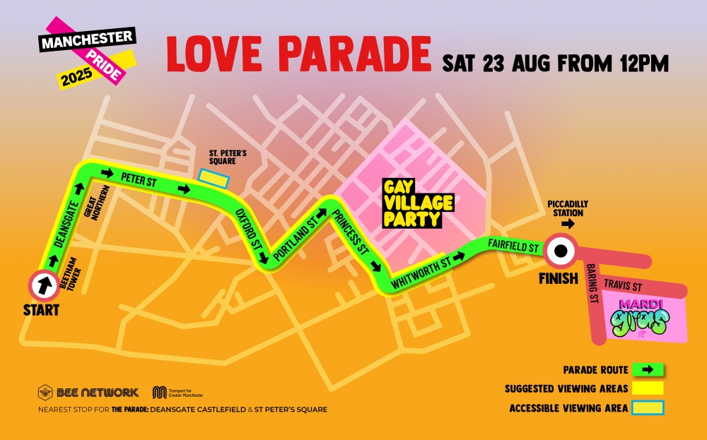 The Love Parade march route for Manchester Pride 2025 on Saturday 23rd August from 12pm