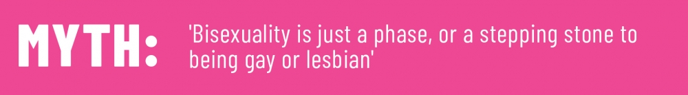 Image text reads 'MYTH: Bisexuality is just a phase, or a stepping stone to being gay or lesbian'.