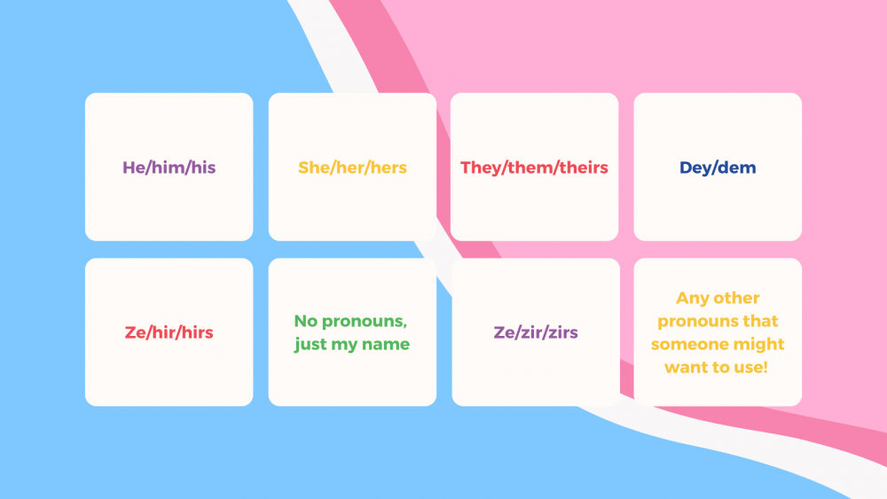 he/him/his, she/her/hers, they/them/theirs, dey/dem, ze/hir/hirs, no pronouns just my name, ze/zir/zirs, any other pronouns someone might want to use!