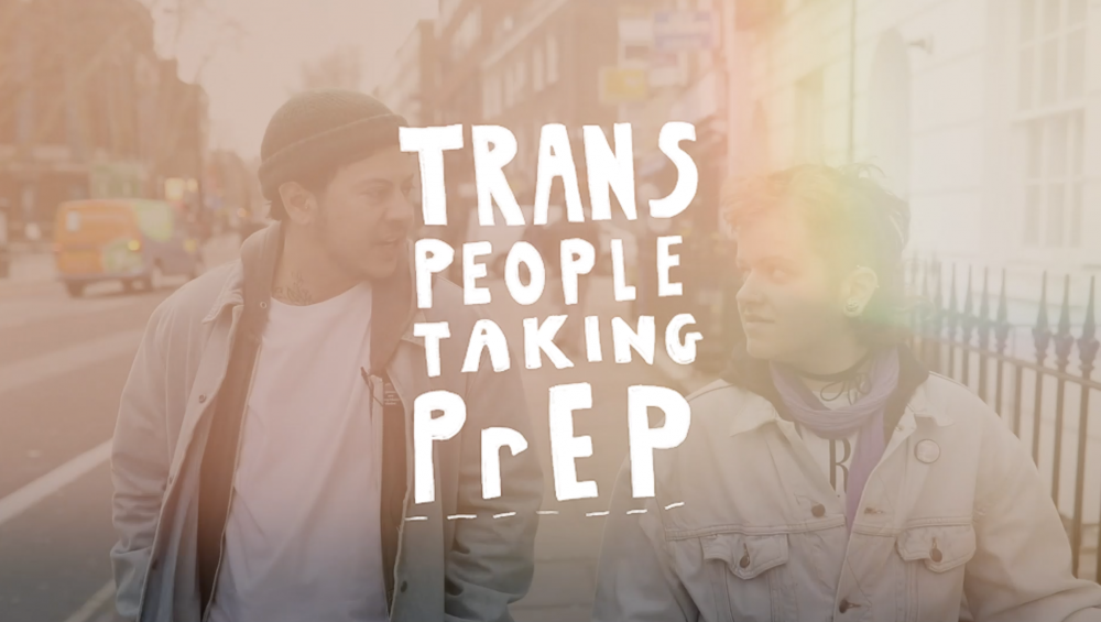 Trans people taking PrEP, overlayed over an image of two people walking whilst in conversation