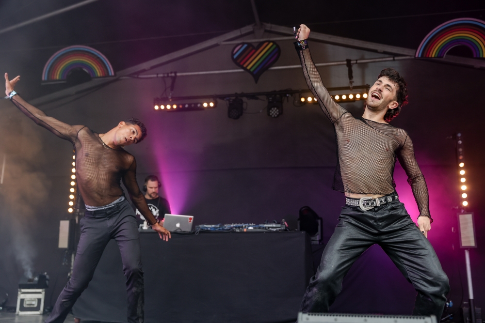 Two dancers on the Manchester Pride stage