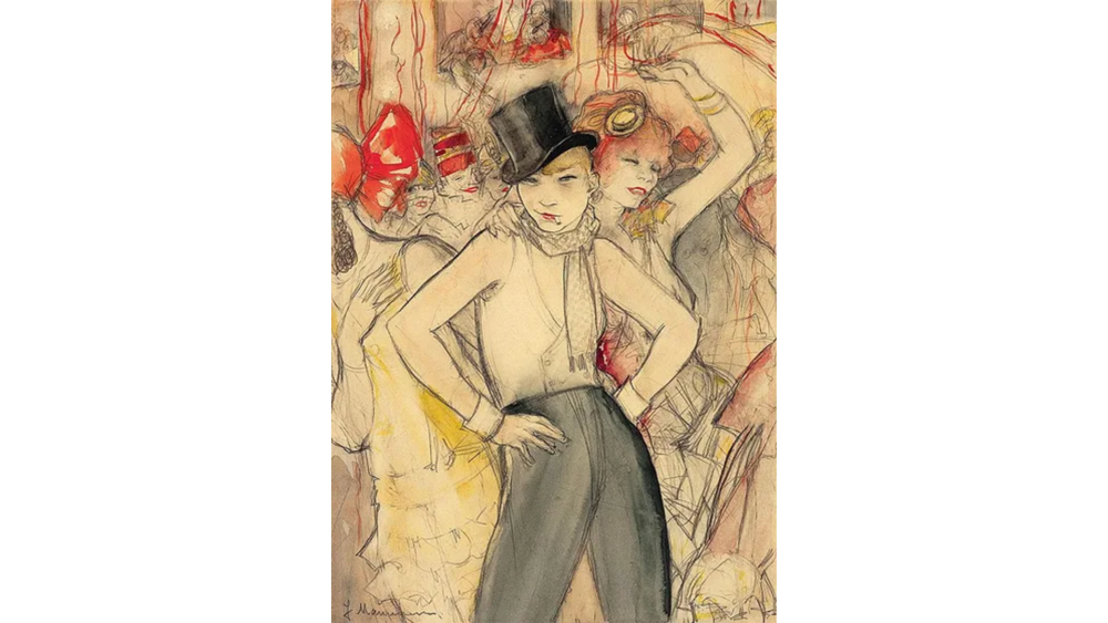 An androgynous person wearing a top hat and smart trousers, surrounded by the exciting chaos of a party